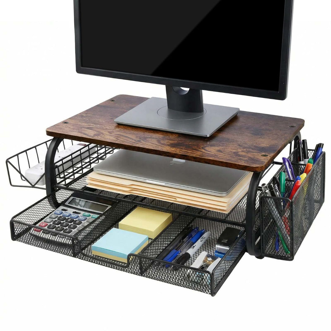 Monitorständer Holz, Monitorständer mit Schublade, Bildschirmerhöhung, Monitorständers mit 2 Ebenen,