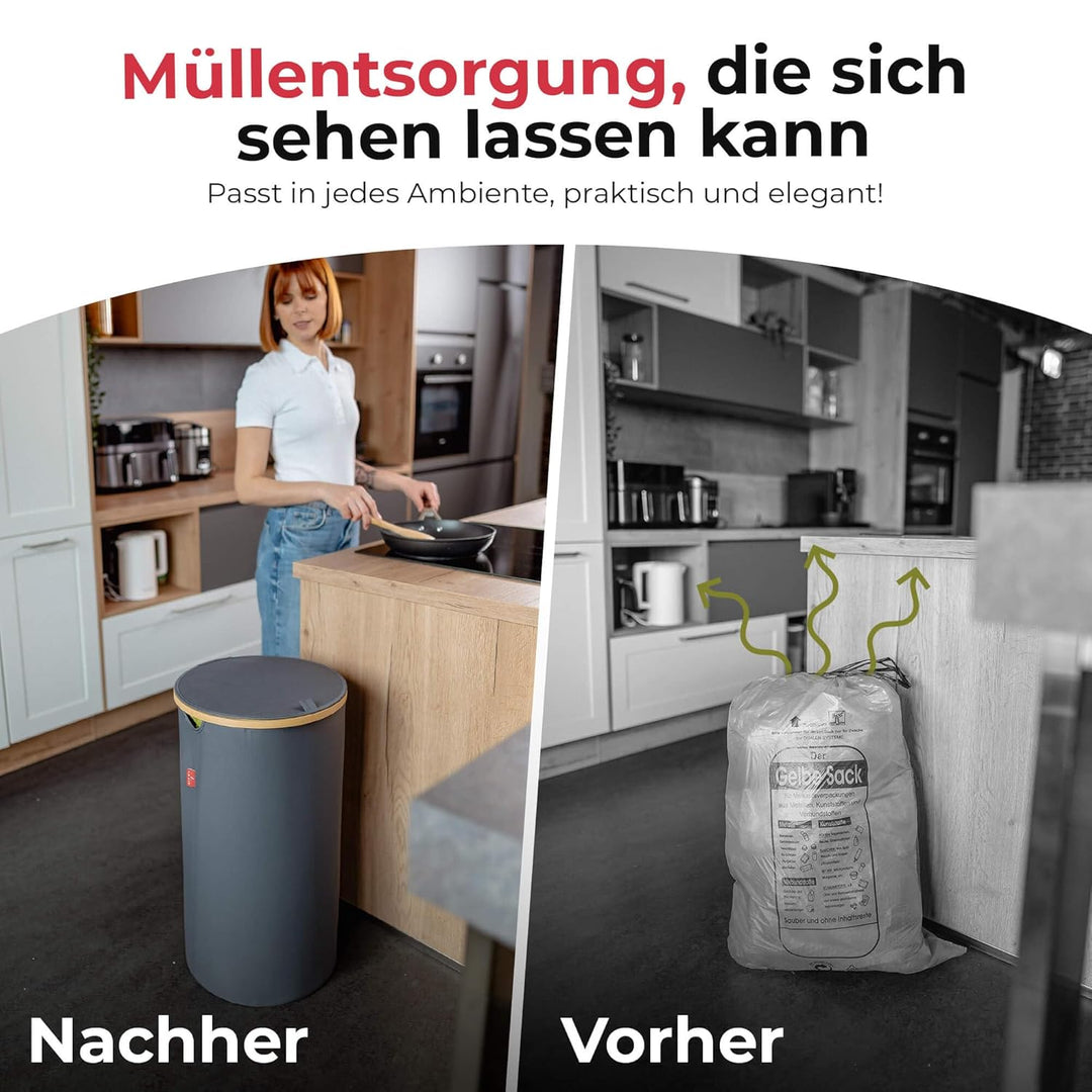 Levio® Gelber Sack Ständer mit Deckel – Müllsackhalter [80L mit Geruchsfilter] – Mülltonne Gelber Sa