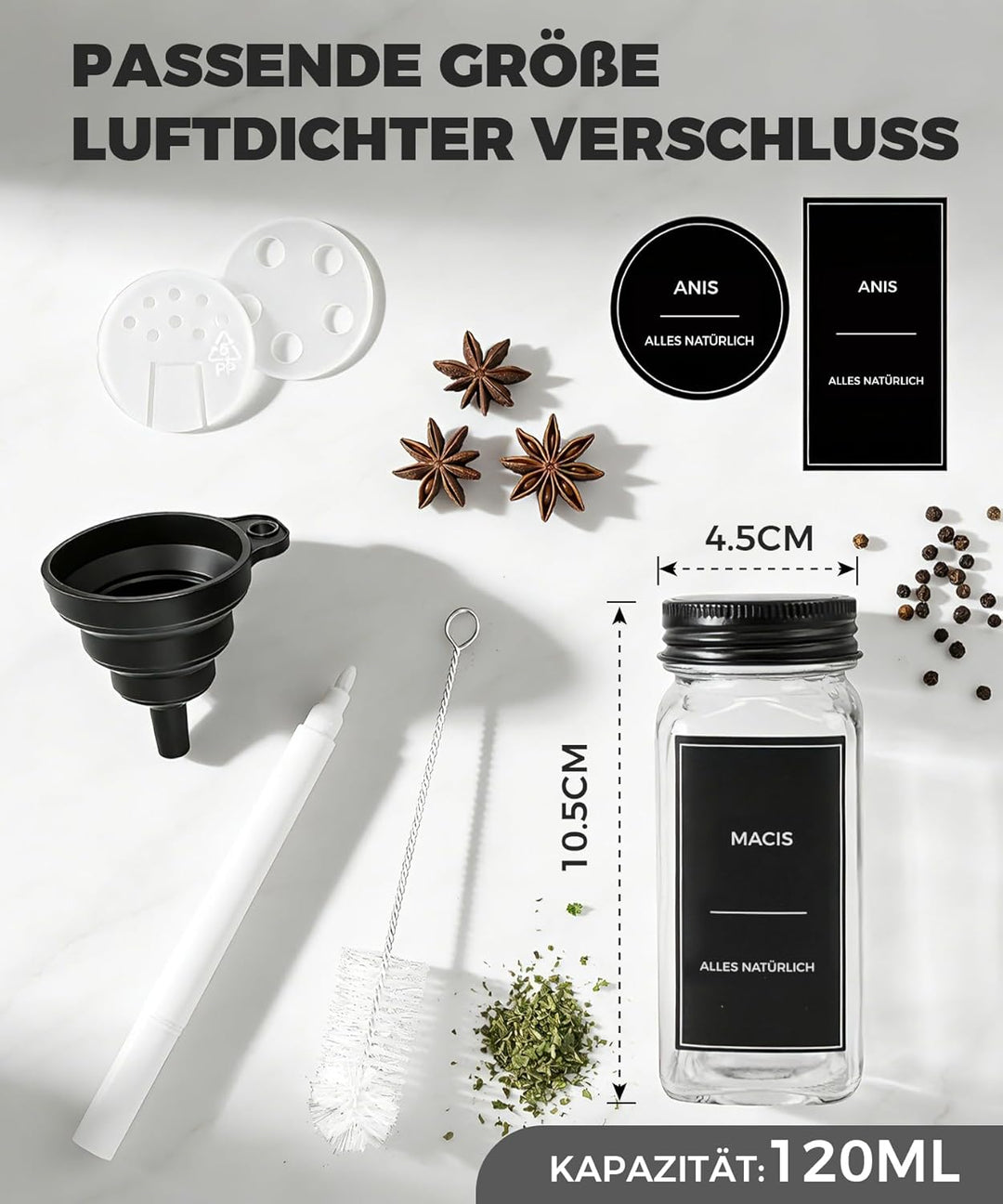 Gewürzgläser Set Eckig 24x120ml – Luftdichte Gewürzdosen Glas mit Streuaufsätzen & Etiketten – Schwa