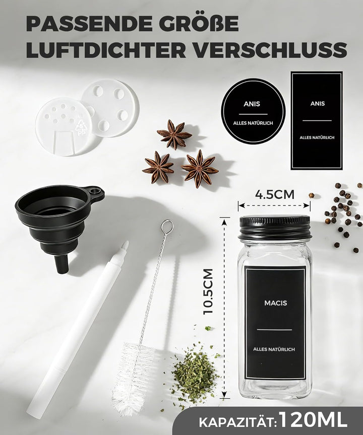 Gewürzgläser Set Eckig 24x120ml – Luftdichte Gewürzdosen Glas mit Streuaufsätzen & Etiketten – Schwa