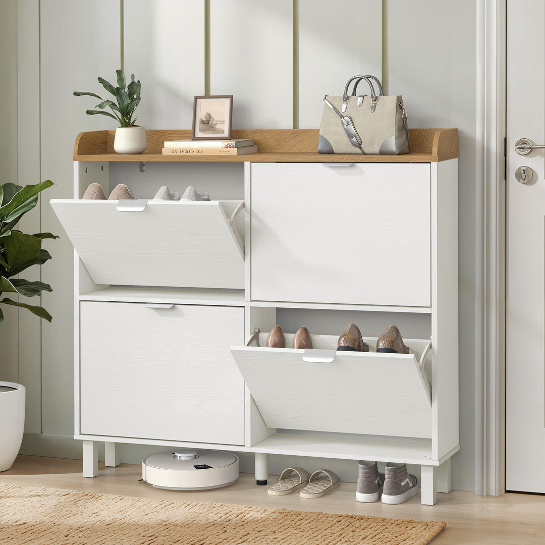 LUE BONA Schuhschrank schmal, Schuhschrank mit 4 Flip-Klappen, Schuhkipper mit Holzfüssen, Schuhrega