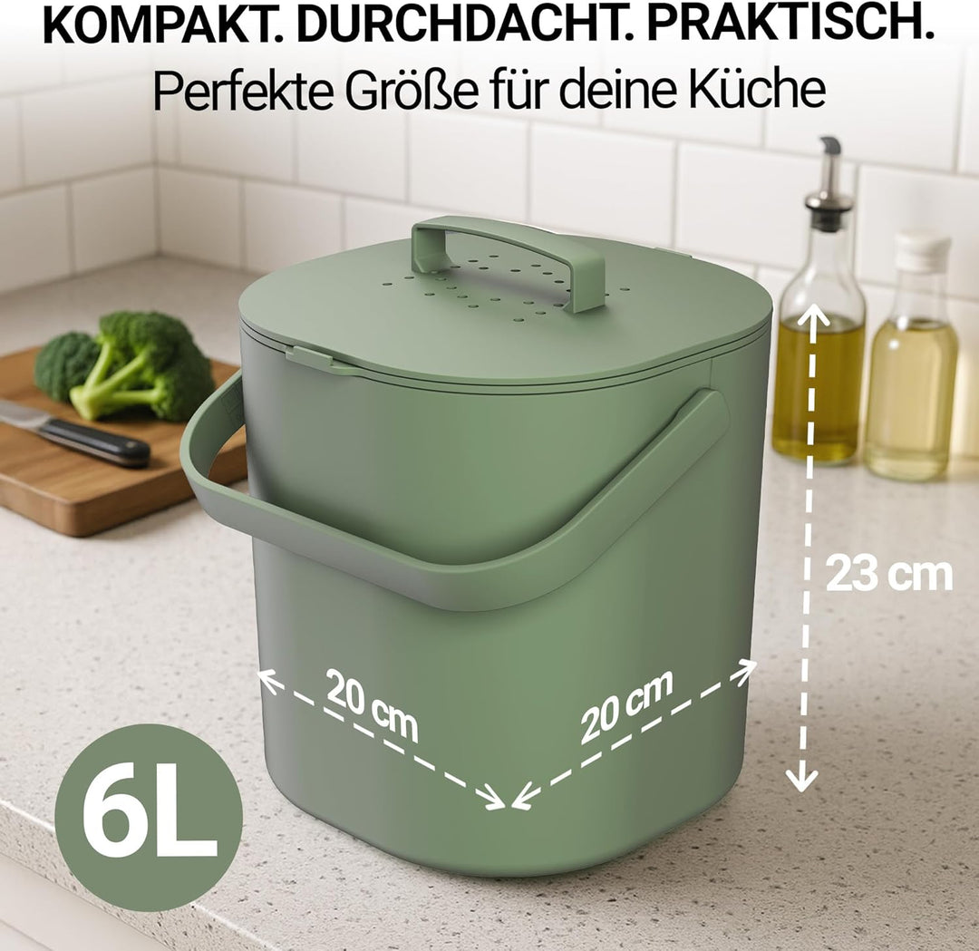 PTMS® Biomülleimer Küche 6L - Biomüll mit Aktivkohlefilter & Deckel zum Einhängen - geruchsdicht, sp