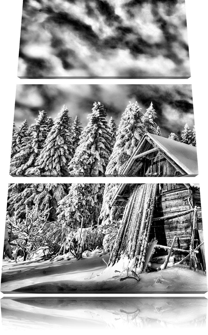Pixxprint Monocrome, Holzhütte im Schnee 3-Teiler Leinwandbild 120x80 Bild auf Leinwand