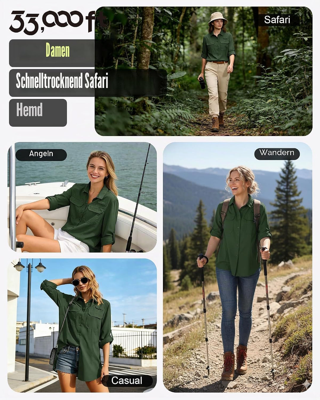 33,000ft Hemdbluse Damen UPF50 UV Schutz Hemd Schnelltrocknende Button-Down Shirts Atmungsaktive Wan