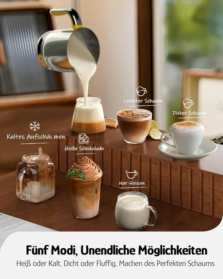 Hazel Quinn Milchaufschäumer 5-in-1 Funktionalität, 450 ml für Milchschaum heiss und kalt, heisse Sc