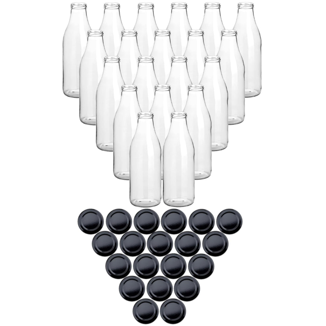 gouveo 20er Set Glasflasche 1000 ml (1,00 l) Saftflasche 1000 ml rund mit Schraubdeckel TO 48 schwar