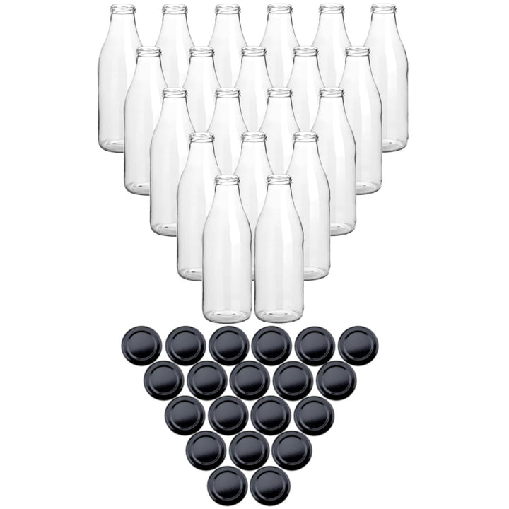 gouveo 20er Set Glasflasche 1000 ml (1,00 l) Saftflasche 1000 ml rund mit Schraubdeckel TO 48 schwar