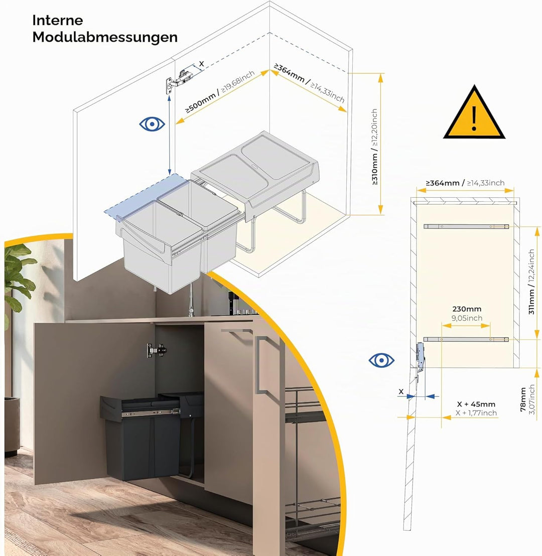 Emuca - Küchenabfalleimer mit unterseitiger Befestigung, 2 ausziehbarer 15 L Recycle-Mülleimer, Gesa