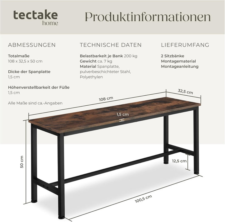tectake Sitzbänke für Esszimmertisch, 2er Set Holz Küchenbank, 108 x 32,5 x 50,5 cm, Industrie-Desig