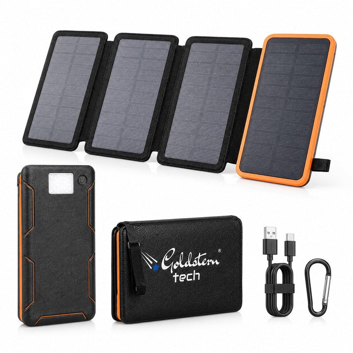 Solar Powerbank 36.800mAh, 4 Solarpanels, 15W Schnellladen, USB-C & QC 3.0, LED-Taschenlampe, Outdoo