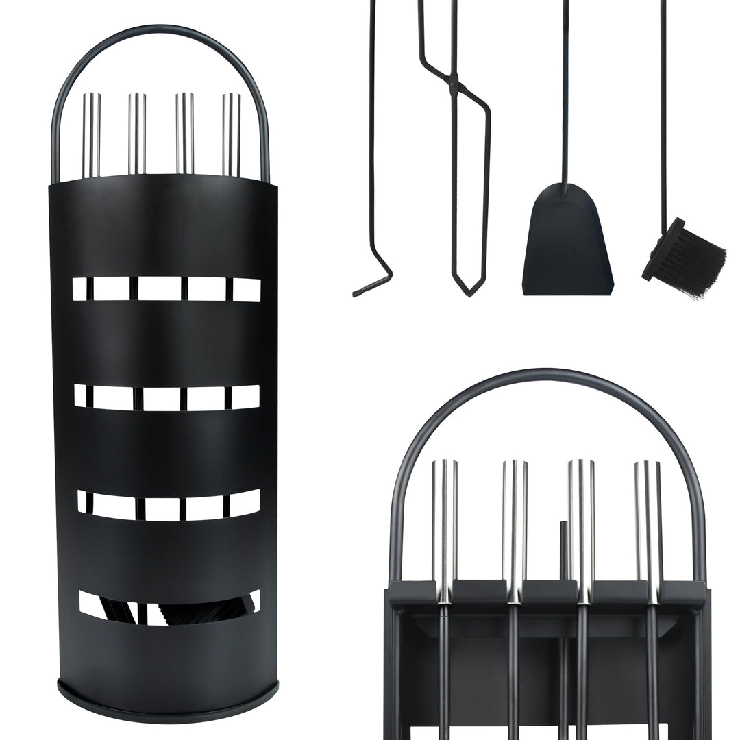 Edelstahl Kaminbesteck 5-Teilig Modern Ofenbesteck Set mit Metallgriff Kaminofen Besteck inkl. Schür