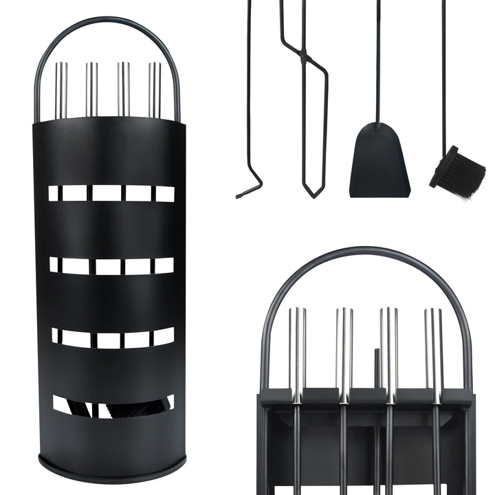 Edelstahl Kaminbesteck 5-Teilig Modern Ofenbesteck Set mit Metallgriff Kaminofen Besteck inkl. Schür