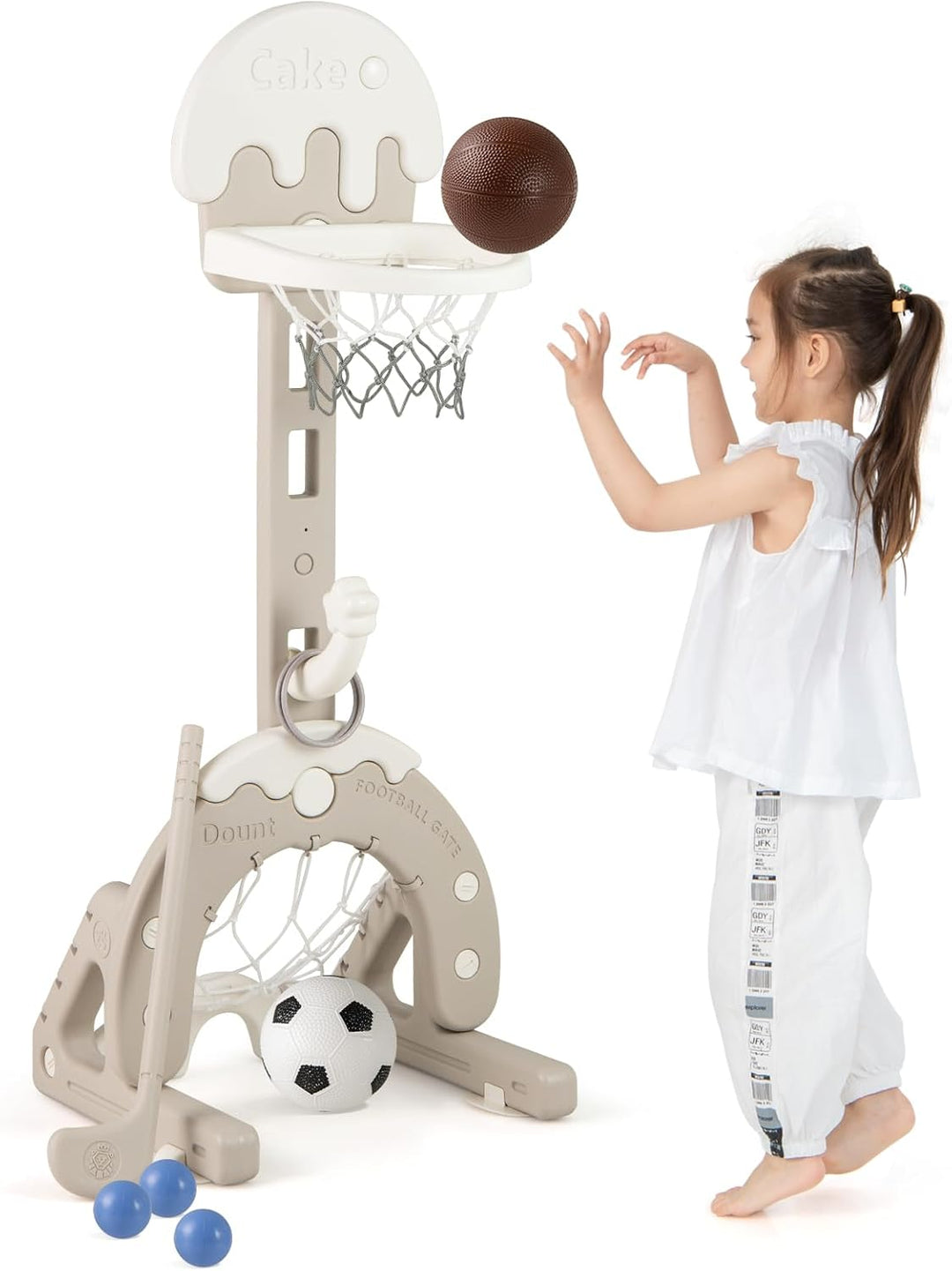 COSTWAY 4-in-1 Kinder Basketballkorb Set, höhenverstellbarer Basketballständer mit Fussballtor & Bas