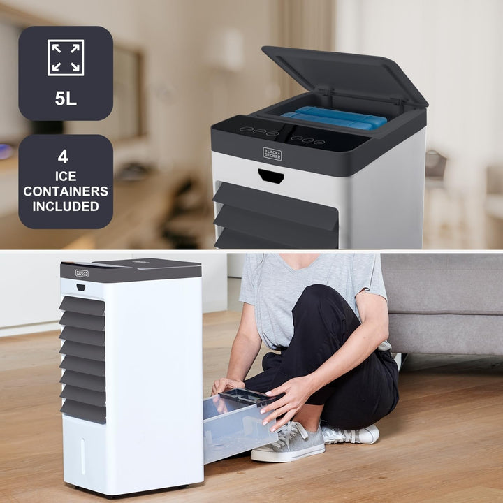 Black+Decker BXAC50E Verdunstungs-Klimagerät, Ventilator, Luftbefeuchter, 4 Eisbehälter, 5 l, 3 Gesc