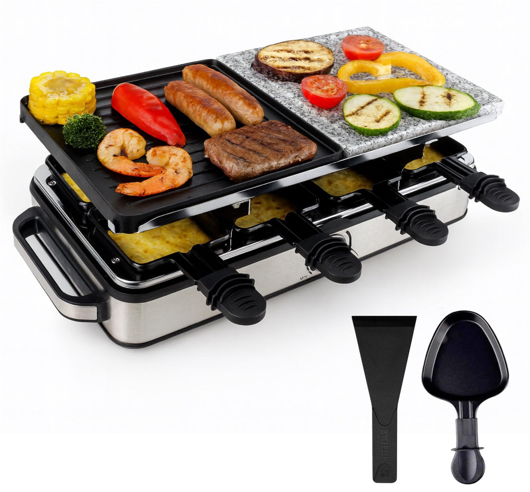 Raclette Set für 8 Personen mit heisser Steinplatte mit Pfannen und Schaber - rostfrei und verstellb