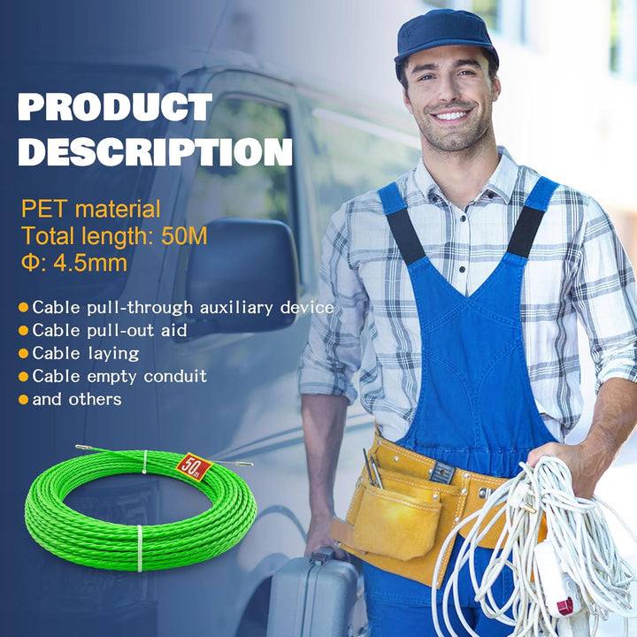 Kabeleinziehhilfe 50m, 4,5 mm Zugdraht Einziehspirale,Einziehhilfe Kabel Einzugshilfe,mit 2 Führungs