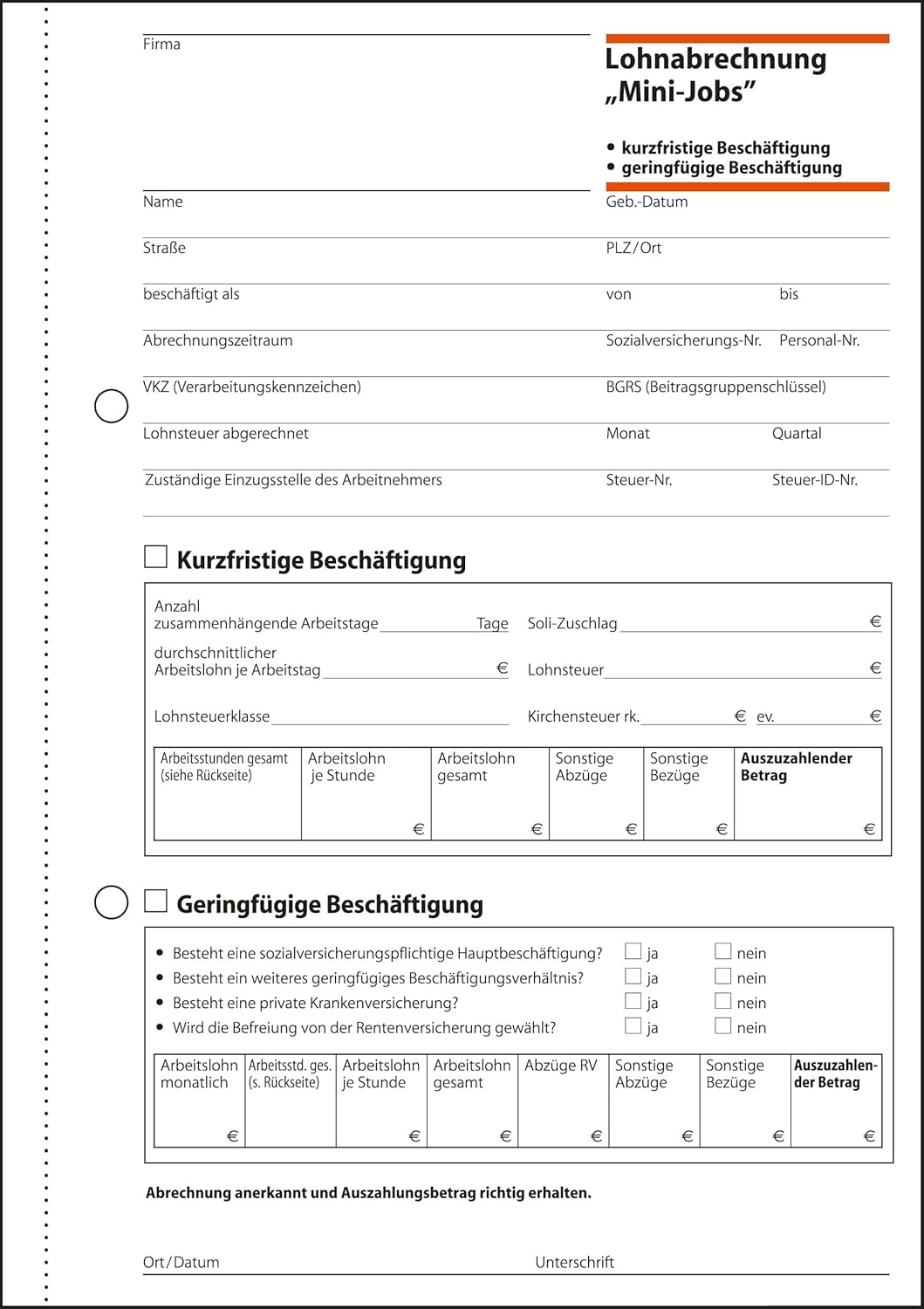 SIGEL LO519/10 Lohnabrechnungen für Mini-Jobs, für geringfügige / kurzfristige Beschäftigung, A5, 10