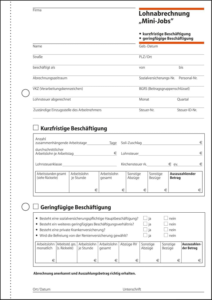 SIGEL LO519/10 Lohnabrechnungen für Mini-Jobs, für geringfügige / kurzfristige Beschäftigung, A5, 10