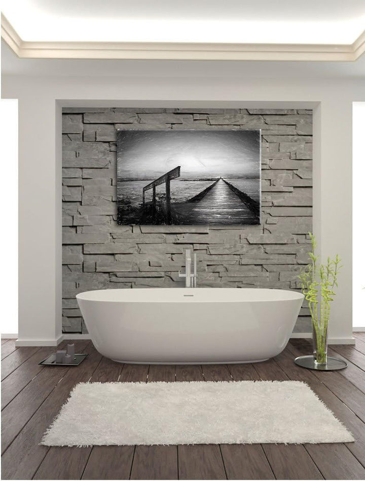 Pixxprint Langer Steg an der Nordsee / 100x70cm Leinwandbild bespannt auf Holzrahmen/Wandbild Kunstd