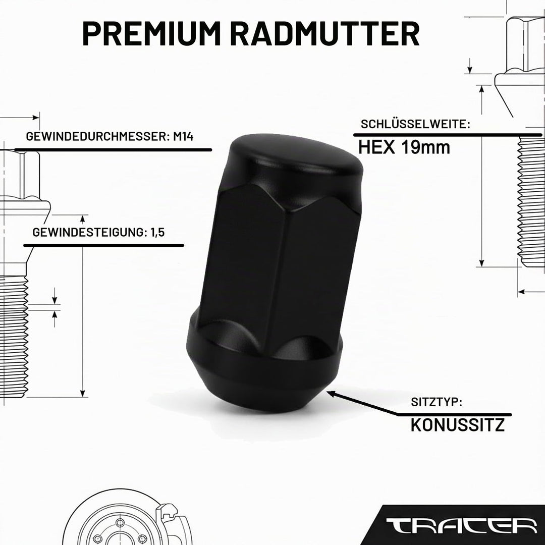 TRACER 20 schwarze Radmuttern Kegelbund geschlossen M14x1,5 kompatibel mit Chrysler, Ford, Land Rove