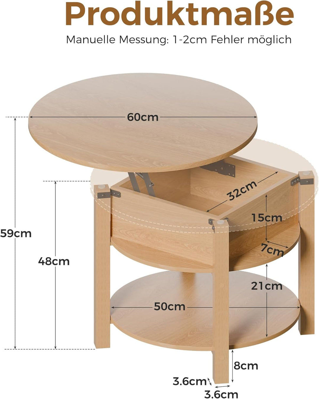 ELUCHANG Couchtisch Rund mit Hebeplatte, Couchtisch Höhenverstellbarer 2 in 1, Beistelltisch Wohnzim