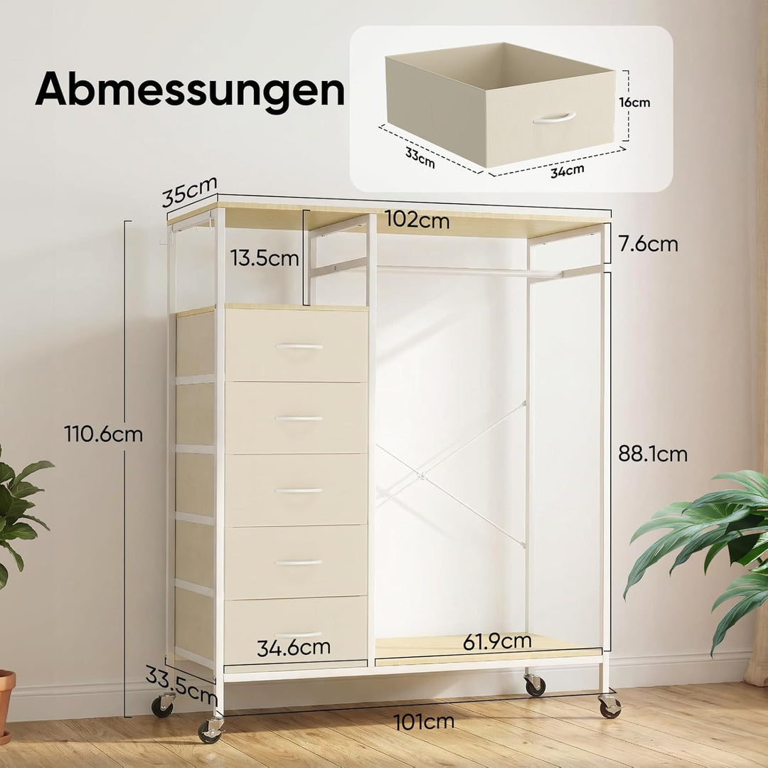HOKEEPER Kleiderständer auf Rollen | Kleiderstange, Kleiderschrank, Clothes Rack, 4 Rollen, 2 festst