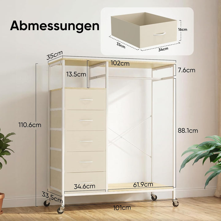 HOKEEPER Kleiderständer auf Rollen | Kleiderstange, Kleiderschrank, Clothes Rack, 4 Rollen, 2 festst
