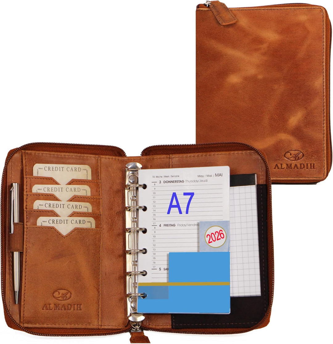 ALMADIH Leder A7 Organizer mit Reissverschluss + Kalender 2025 2026 Notizblock Premium Rindsleder Br