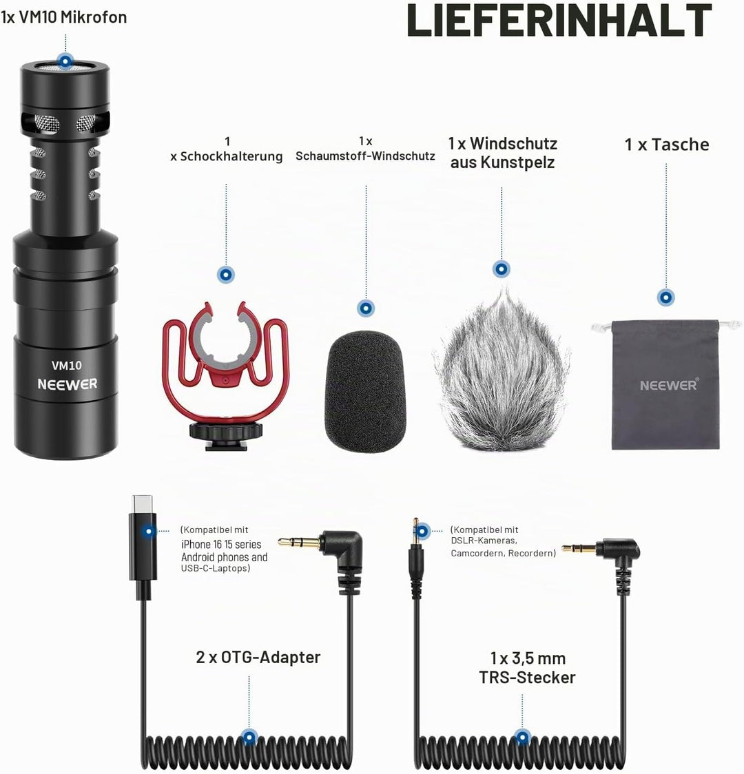 NEEWER Plug & Play Vlog Mikrofon 20–20kHz Mini Supernieren Mic mit 3,5mm TRS USB C OTG Kabel Stossha