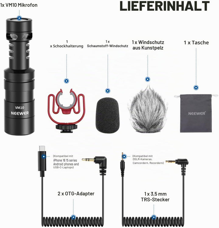 NEEWER Plug & Play Vlog Mikrofon 20–20kHz Mini Supernieren Mic mit 3,5mm TRS USB C OTG Kabel Stossha