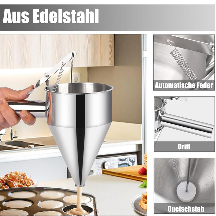 Pfannkuchen Teigspender, 600ml Pfannkuchen Teigspender Teigportionierer Edelstahl, Backtrichter Kolb