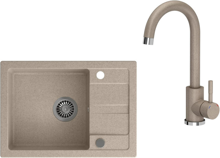VBChome Spülbecken mit Armatur Beige 62 x 44 cm Granit Einzelbecken Einbauspüle Abtroffläche gespren