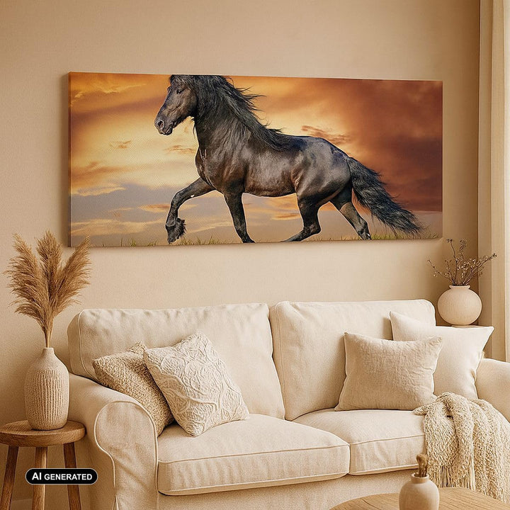 Panorama Bilder auf Leinwand Pferd Tier Wiese Leinwandbild mit Rahmen 90x30cm Wandbilder Dekoration