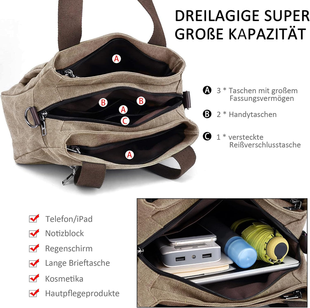 DORRISO Mode Umhängetasche Damen Canvas Handtasche Reise Schultertasche Casual Multifunktionale Umhä