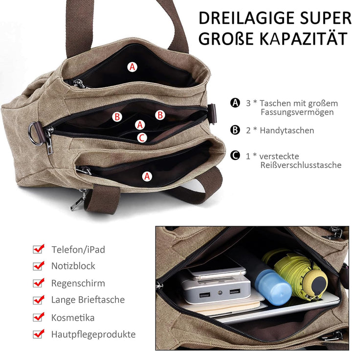 DORRISO Mode Umhängetasche Damen Canvas Handtasche Reise Schultertasche Casual Multifunktionale Umhä