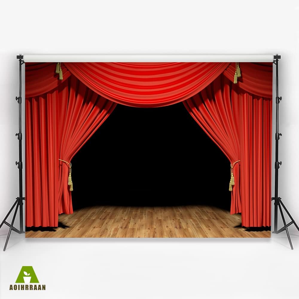 Aoihrraan 3x2m Theater Bühne Hintergrund Rot Vorhänge Rustikal Vintage Holz Boden Bühne Fotografie H