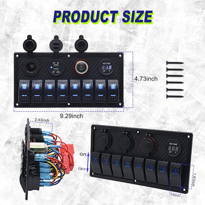 Geloo Marine Boat 8 Gang Schalter Panel Wasserdicht Toggle Rocker Zündschalter mit Voltmeter Display
