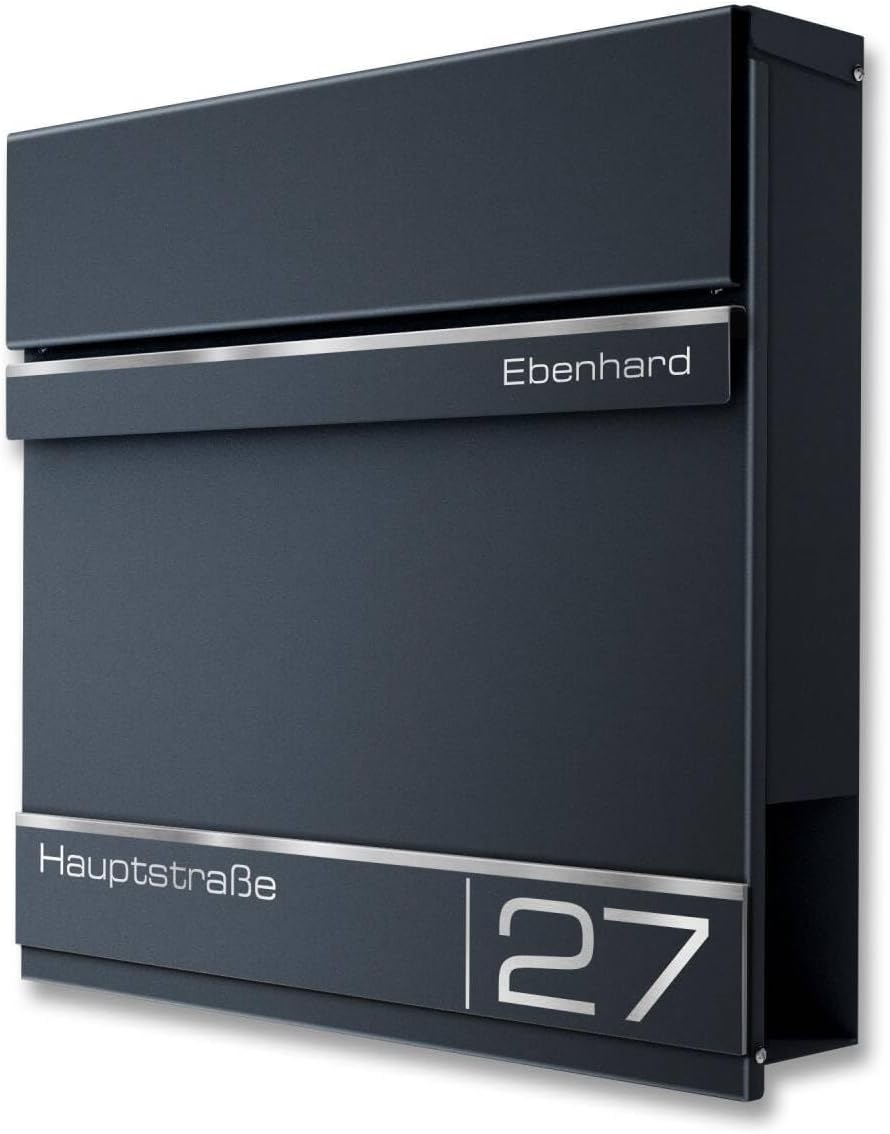 Metzler Briefkasten Anthrazit RAL7016 mit Zeitungsfach - Personalisiert Laser Gravur - Postkasten mi