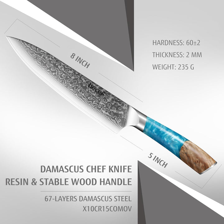 hecef Damastmesser, Kochmesser Profi Messer mit Ergonomischem Harzgriff, 67 Lagen Damast Küchenmesse