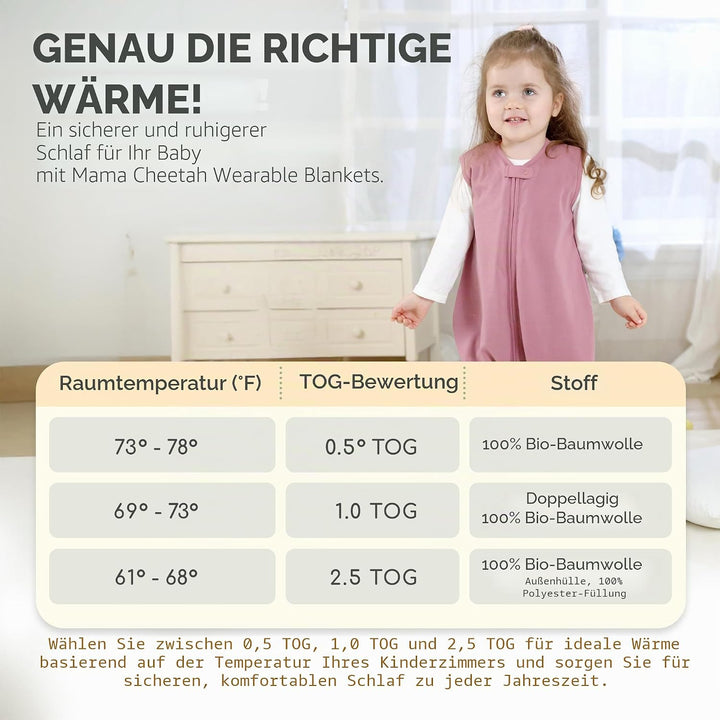 Mama Cheetah Baby Schlafsack, Bio-Baumwolle, Tragbare Babydecke, Schlafsack mit 2-Wege-Reissverschlu