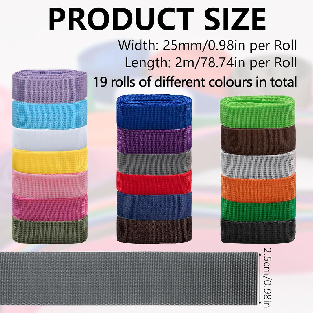 WANDIC Polypropylen-Gurtband, 19 Rollen, 2,18 Yards breiter Gurtband, Gurtband, Stoffgurt für DIY-He