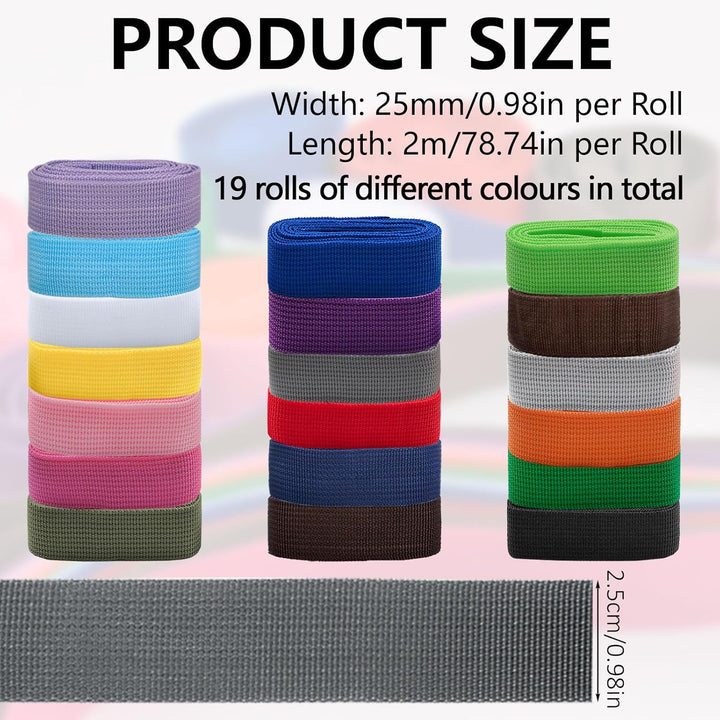 WANDIC Polypropylen-Gurtband, 19 Rollen, 2,18 Yards breiter Gurtband, Gurtband, Stoffgurt für DIY-He