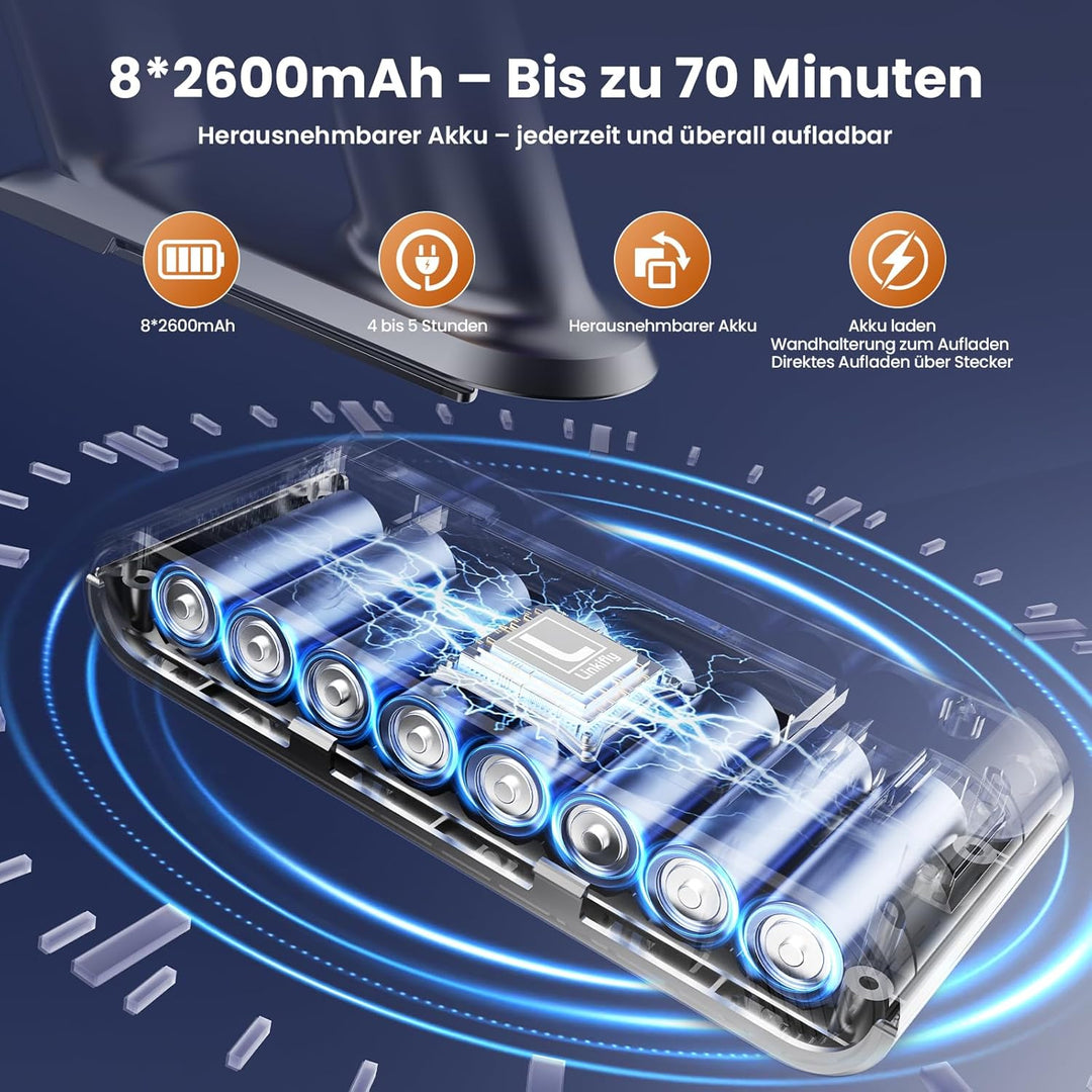 A12 Akku Staubsauger mit Wassertank, 50Kpa/600W/70Min/8-in-1, Kabelloser Staubsauger mit LED Touchsc