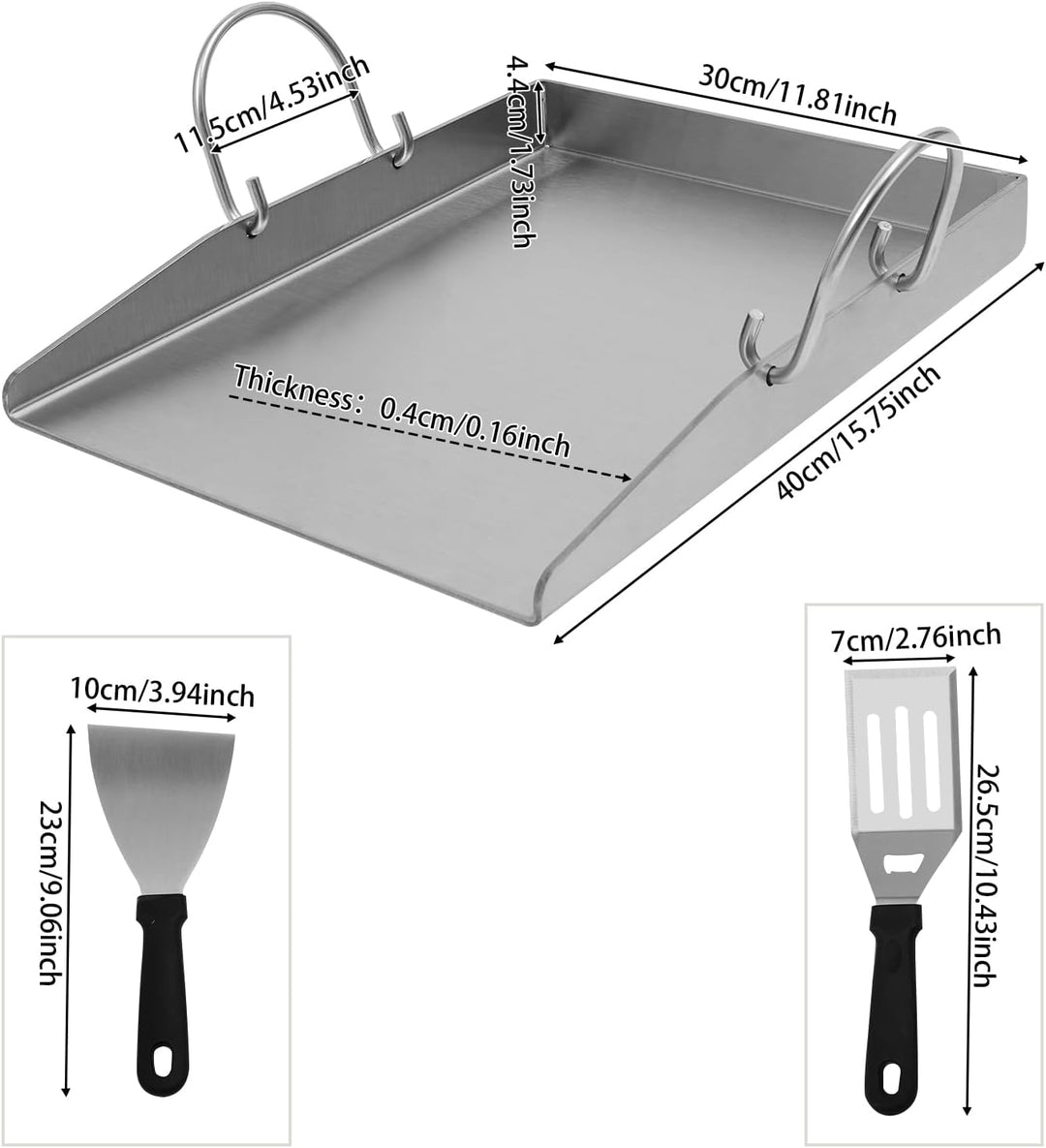 Plancha Grillplatte |Grillplatte aus Edelstahl | 338°C hitzebeständig | 40x30cm gross | Mit 2 Spatel