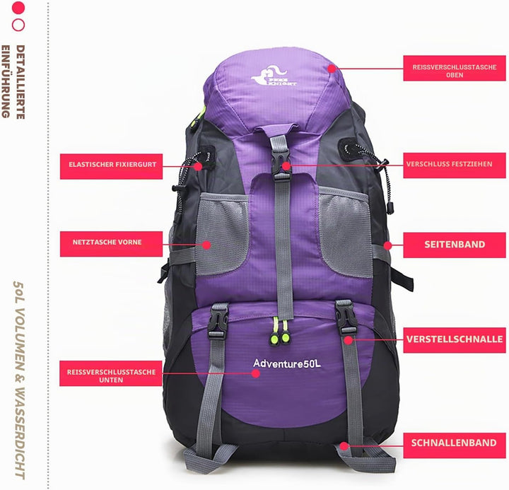 Bseash 50L Leichter wasserfester Wanderrucksack, Outdoor Sport Tagesrucksack Multifunktions Reisetas