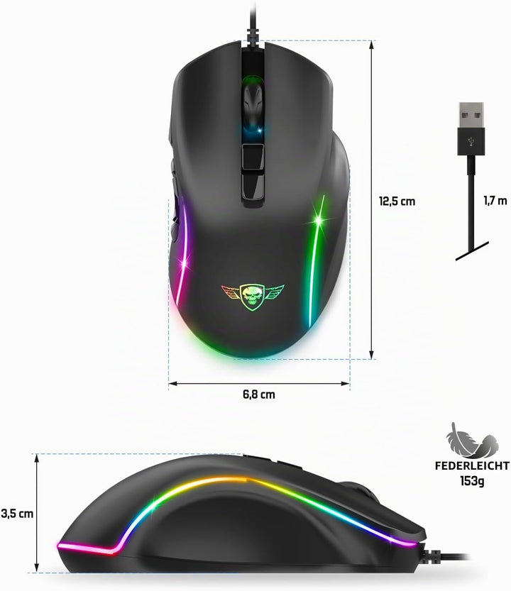 SPIRIT OF GAMER x ELITE M30 | PC Gaming Maus mit Kabel | 10 Programmierbare Tasten | Optischer Senso