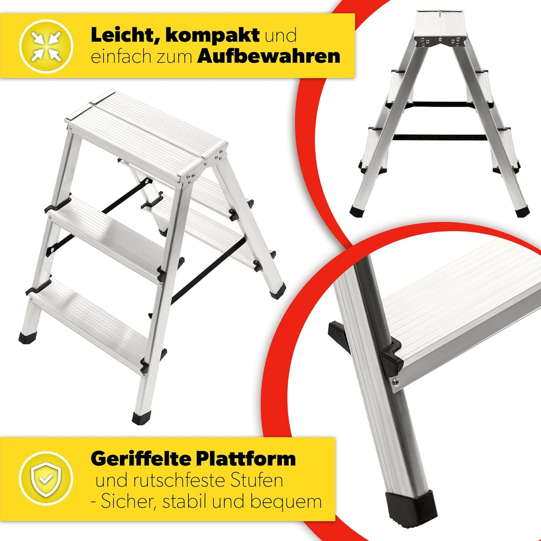 KADAX Trittleiter aus Aluminium 3 Stufen, Klapptritt bis 125kg, Stufenleiter mit Antirutschstufen, S