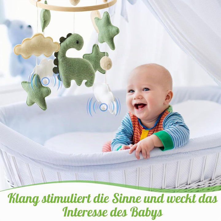 Baby Windspiel Dinosaurier mit Sternen &amp; Wolken – Holz Mobile Babybett Dekor, Sensorisches Spielzeug