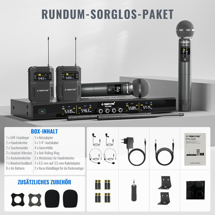 Phenyx Pro Drahtloses Mikrofonsystem, 4-Kanal-Drahtlosmikrofon-Set mit Hand-/Taschen-/Kopfbügel-/Ans