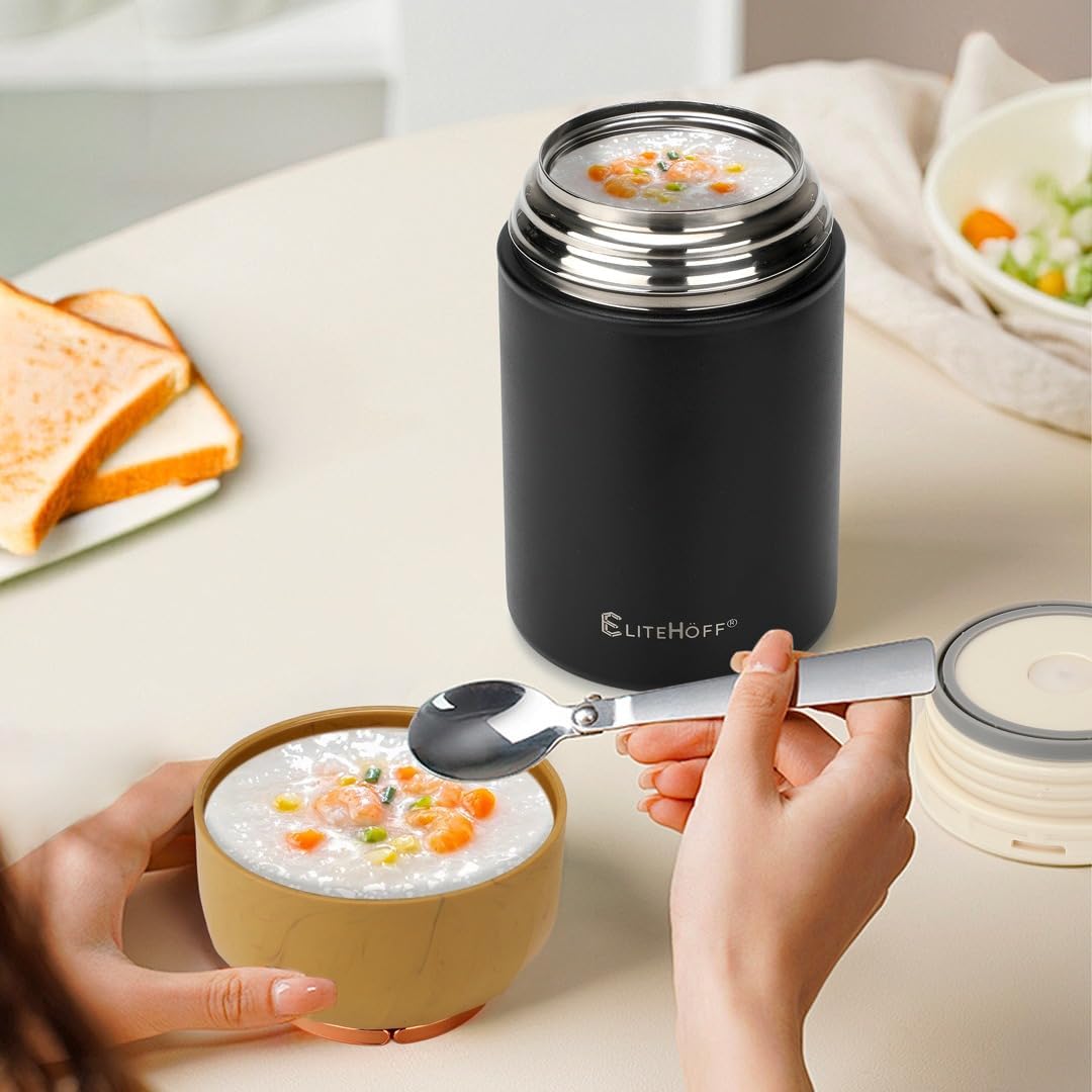 EliteHoff Thermobehälter für Essen, 1 L, Wärmebehälter für Speisen aus Edelstahl mit Löffel, Auslauf
